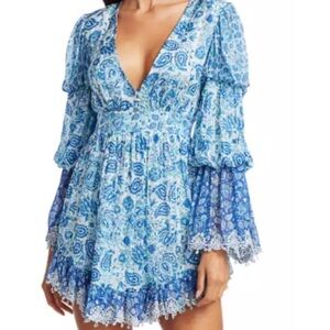 Hemant & Nandita PAISLEY Pleated Blouson Metallic V-Neck Mini Dress